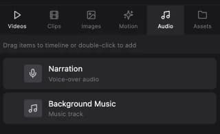 The Audio tab with addable Narration and Background Music elements