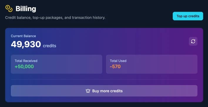 The Billing page balance header