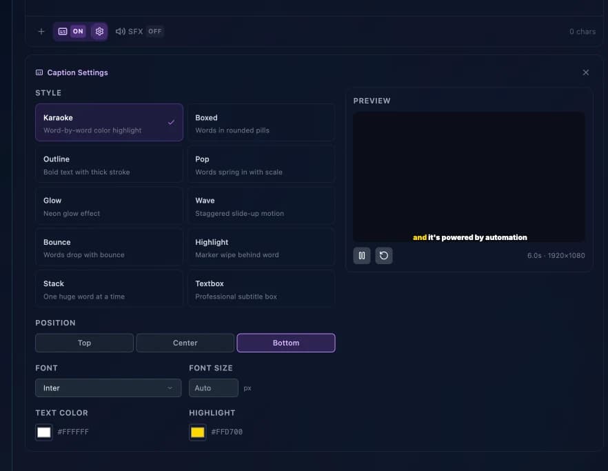 Caption settings: 10 style cards with a live animated preview