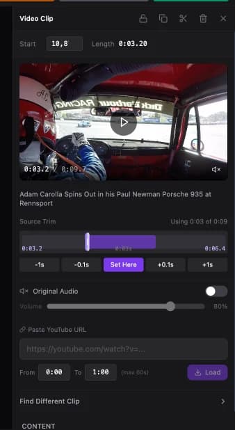 The clip properties panel: source trim, original audio, URL replace, Find Different Clip