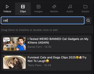 The Clips tab searching YouTube directly