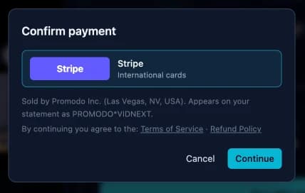 The payment confirmation step with seller and statement descriptor details