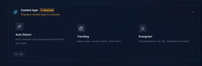 The content type selector: Auto Detect, Trending, Evergreen