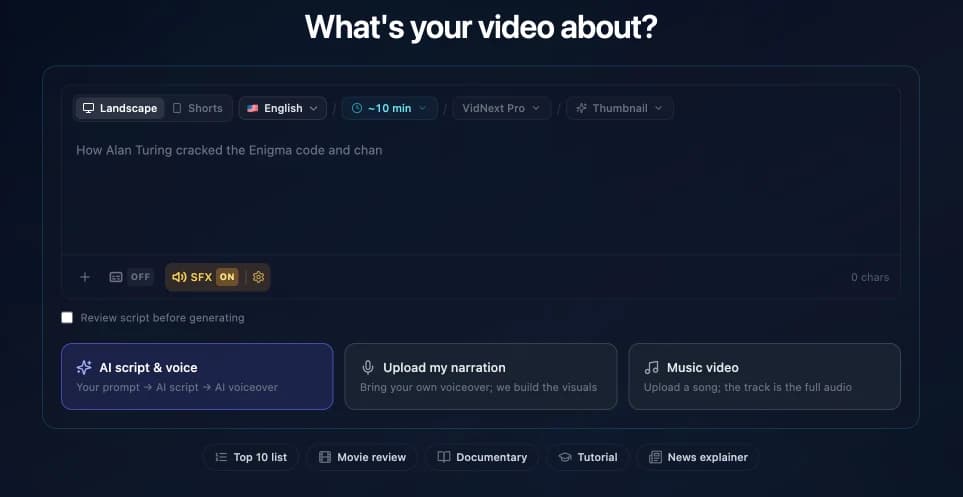 The create page: prompt box, format and duration toolbar, audio modes