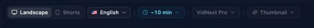 The create toolbar: Landscape/Shorts switch, language, duration, quality tier