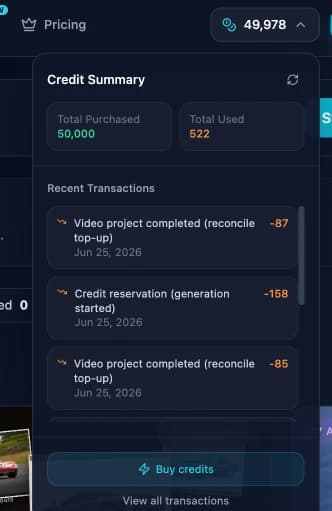 The credit summary dropdown showing a reservation and its reconcile