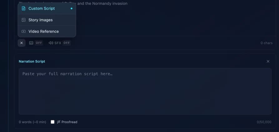 The custom script panel with character counter and Proofread option