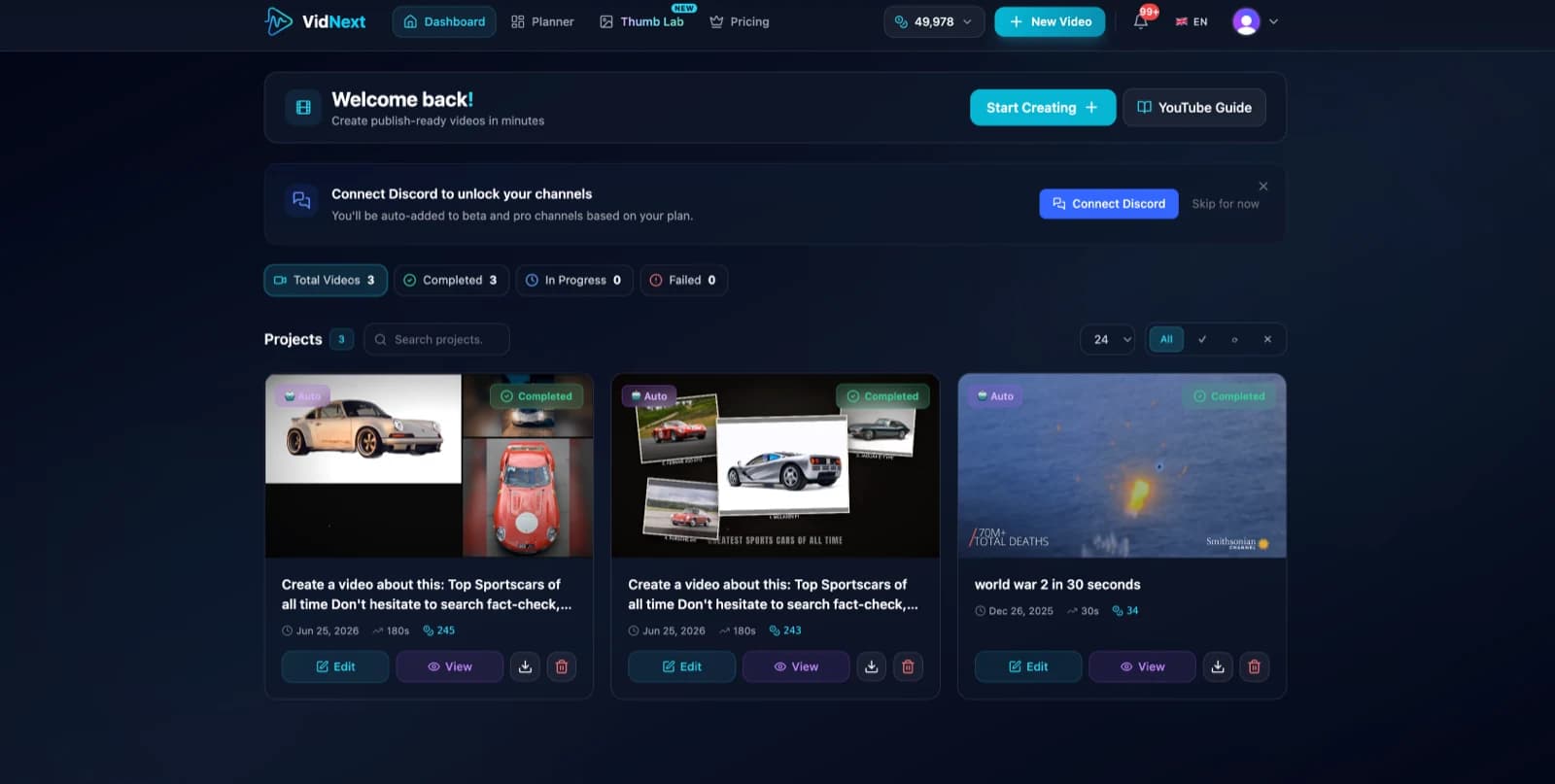 The VidNext dashboard with your projects, statuses, and quick actions