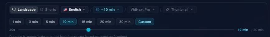 The duration selector with quick picks and a 30s–30min slider