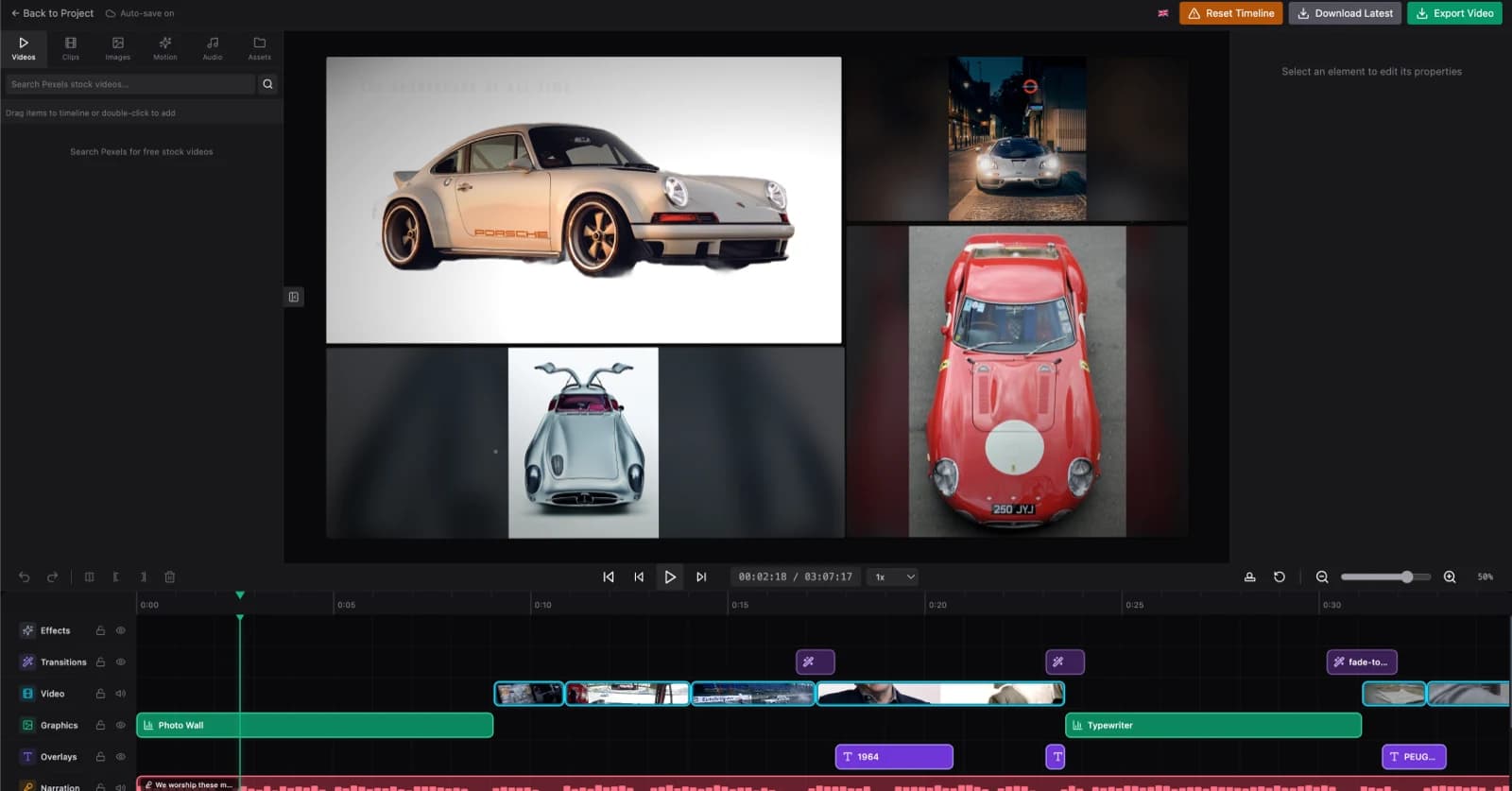 The full editor: asset sidebar, live preview, properties panel, multi-track timeline