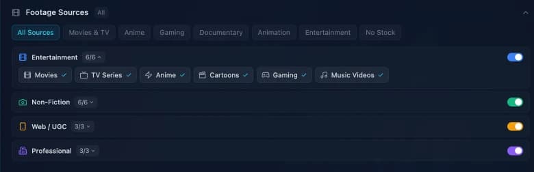 The footage sources panel with group toggles and one-click presets
