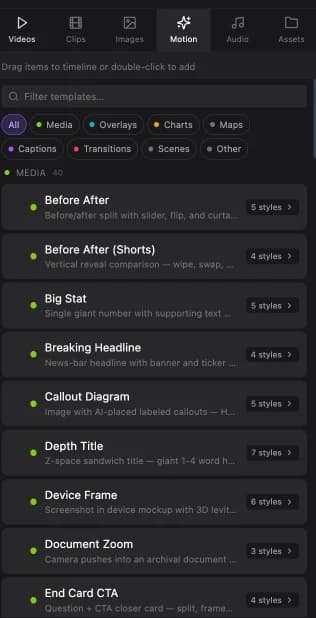 The design library's motion templates, grouped by category