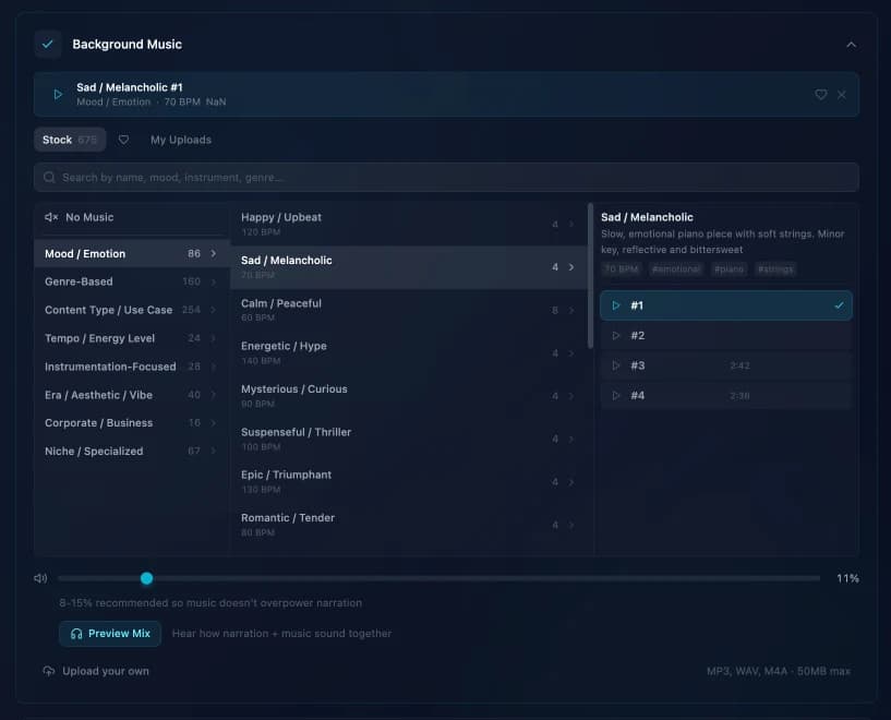The music picker: hundreds of stock tracks organized by mood, genre, and tempo