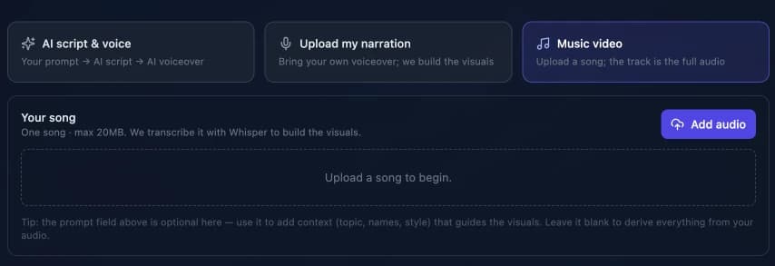 Music video mode with the song upload zone