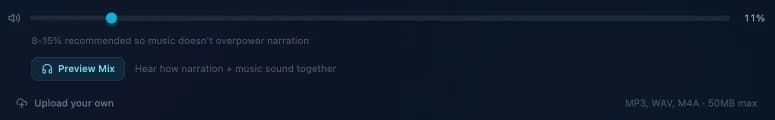 The volume slider with the 8–15% recommendation and Preview Mix button