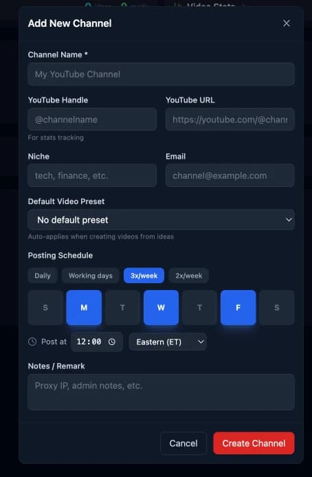 Add New Channel form with handle, default preset, and posting schedule