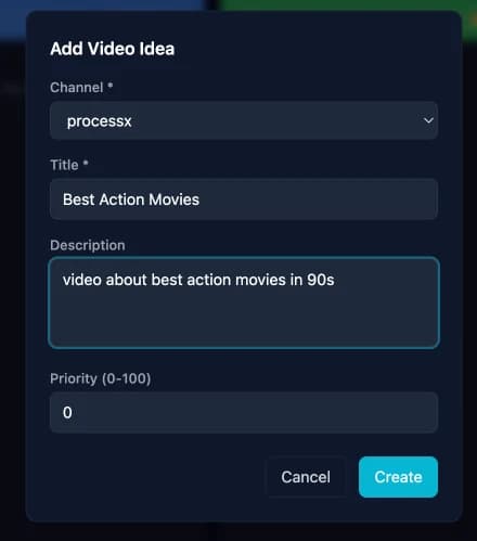 Adding a video idea with title, description, and priority