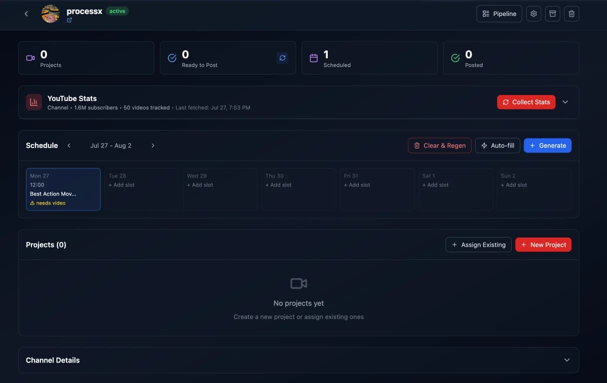 Channel dashboard with YouTube stats, weekly schedule, and projects