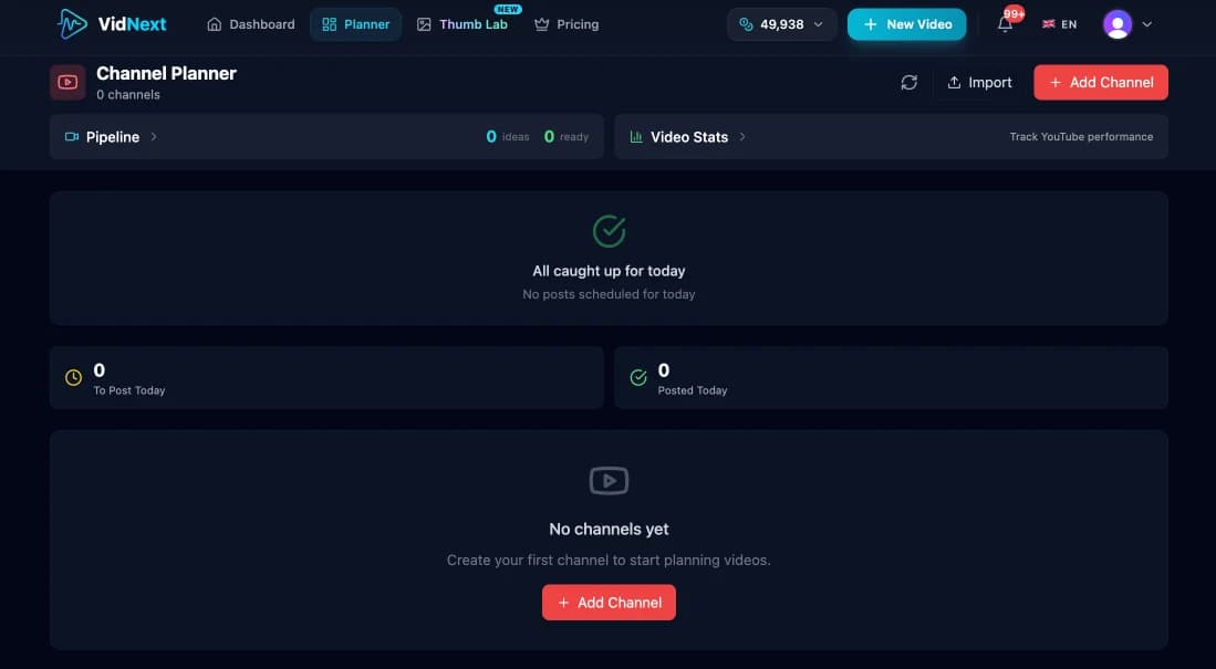 The Channel Planner home with pipeline, video stats, and today's posting queue