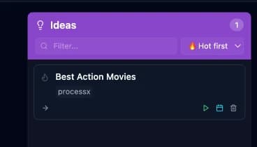 An idea card with generate, schedule, and delete actions