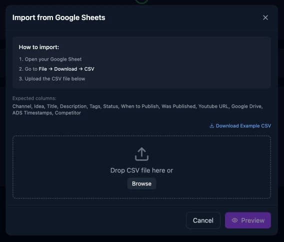 Import from Google Sheets modal with example CSV