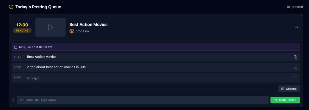 Expanded queue entry with copyable metadata and Mark Posted