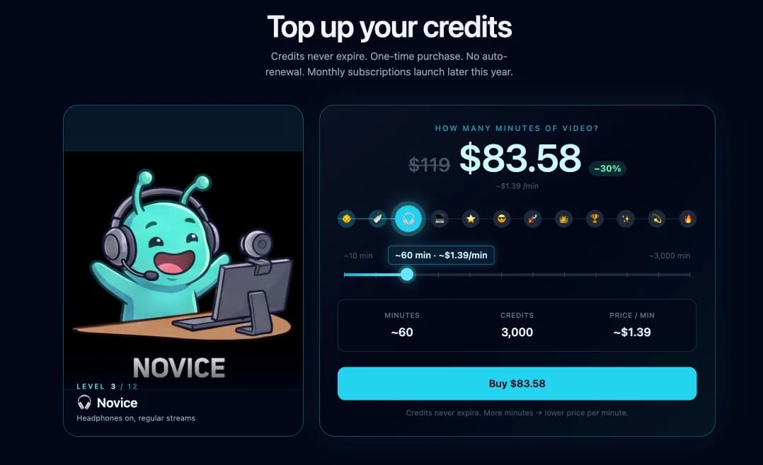 The pricing page's minutes slider with live per-minute pricing