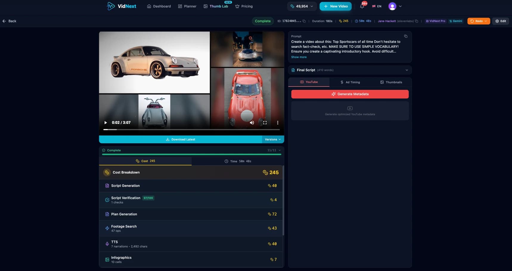 A completed project page: player, pipeline status, cost, and the YouTube kit tabs