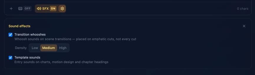 Sound effect settings: transition whooshes with density, template entry sounds