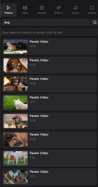 The Videos tab searching Pexels stock footage