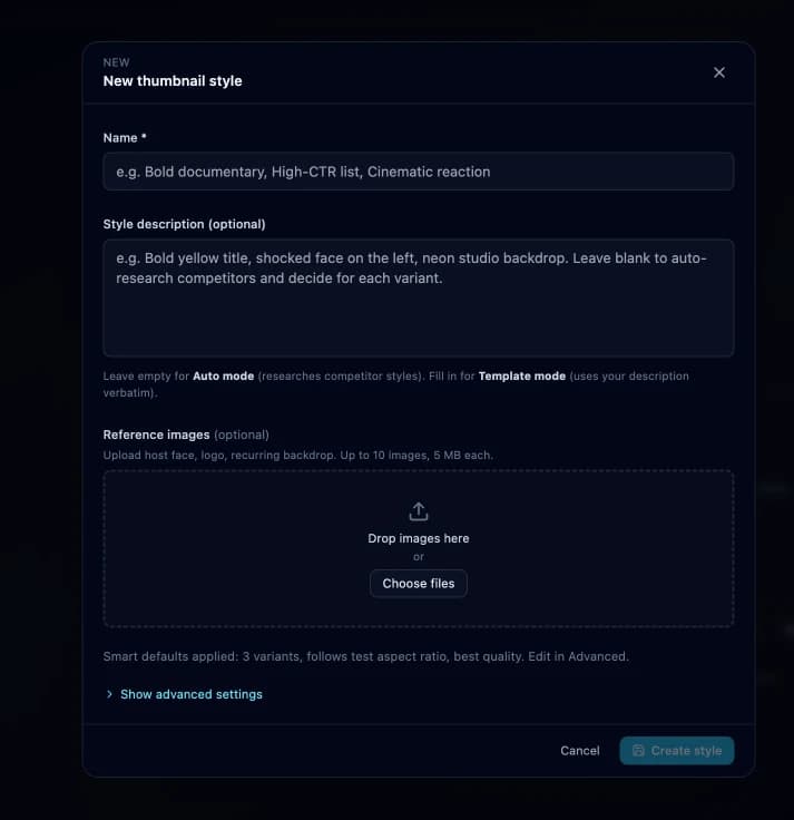 New thumbnail style modal with Auto and Template modes