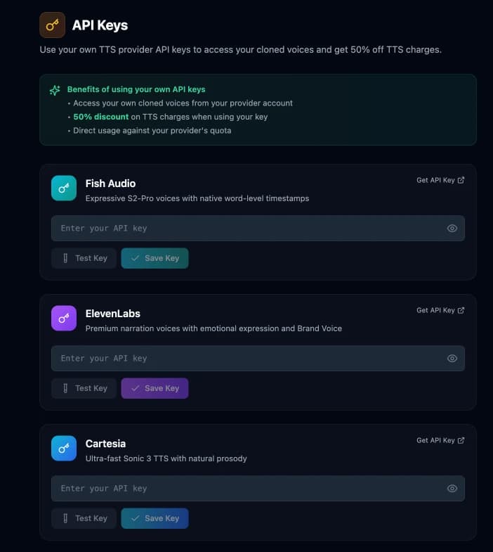 The API Keys settings with Fish Audio, ElevenLabs, and Cartesia slots