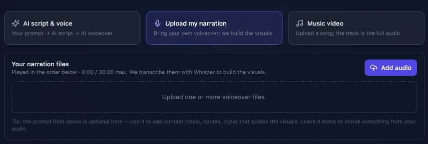 Upload my narration mode with the audio file upload zone