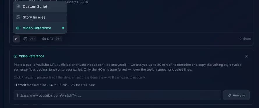 The Video Reference panel with URL input and analysis costs