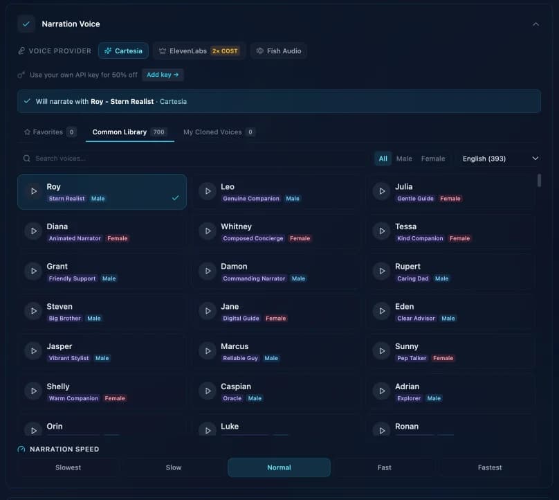 The voice picker: provider tabs, a 700-voice searchable library with previews, favorites and cloned voices