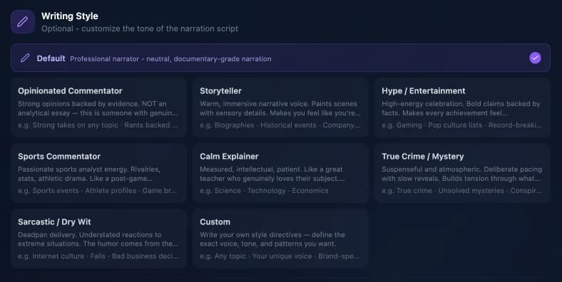 The writing style picker with eight tone presets plus Custom