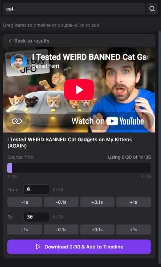 Trimming a YouTube result and downloading just that segment onto the timeline