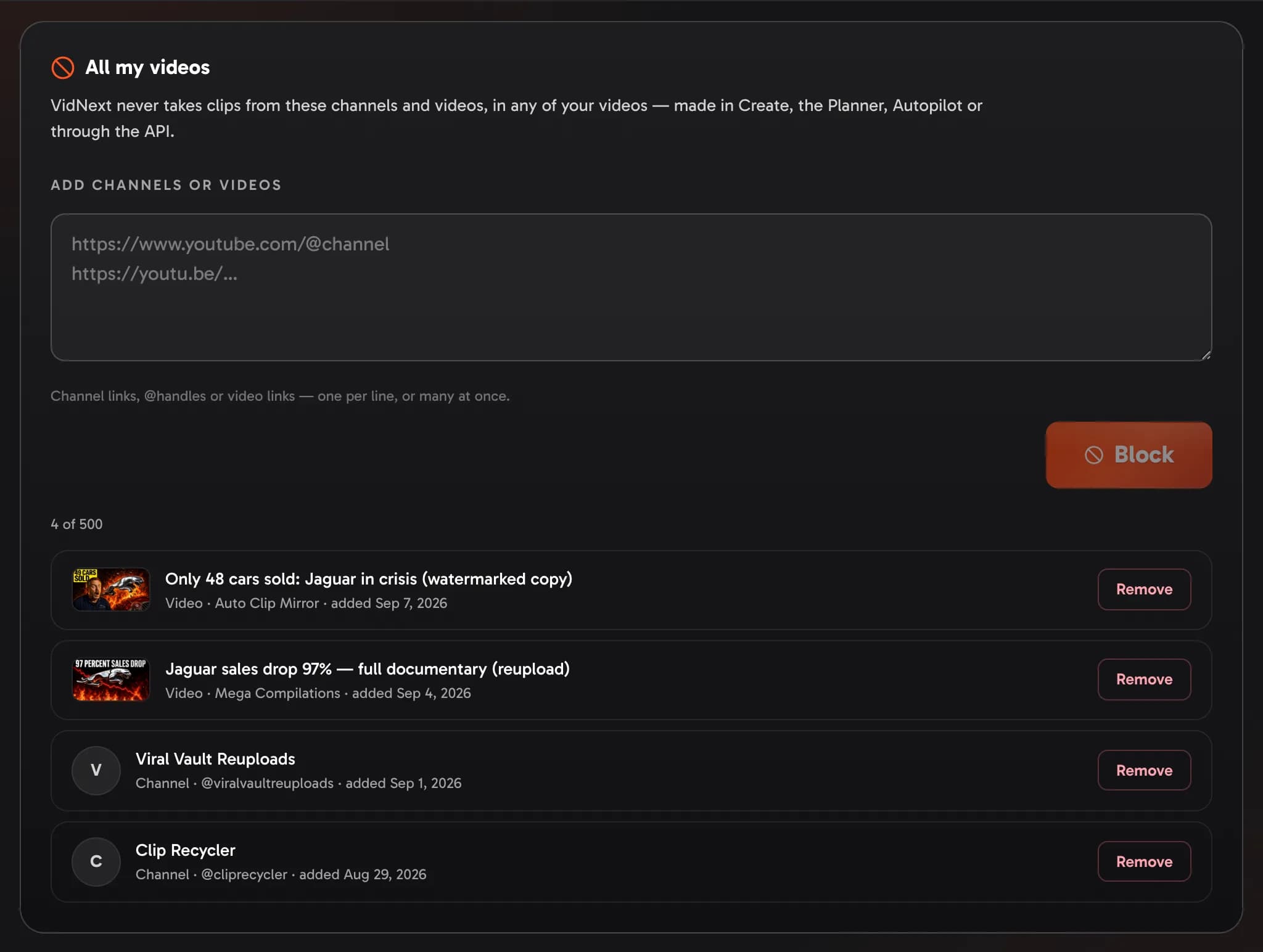 Settings → Blocked sources: the paste box and the account's blocked channels and videos