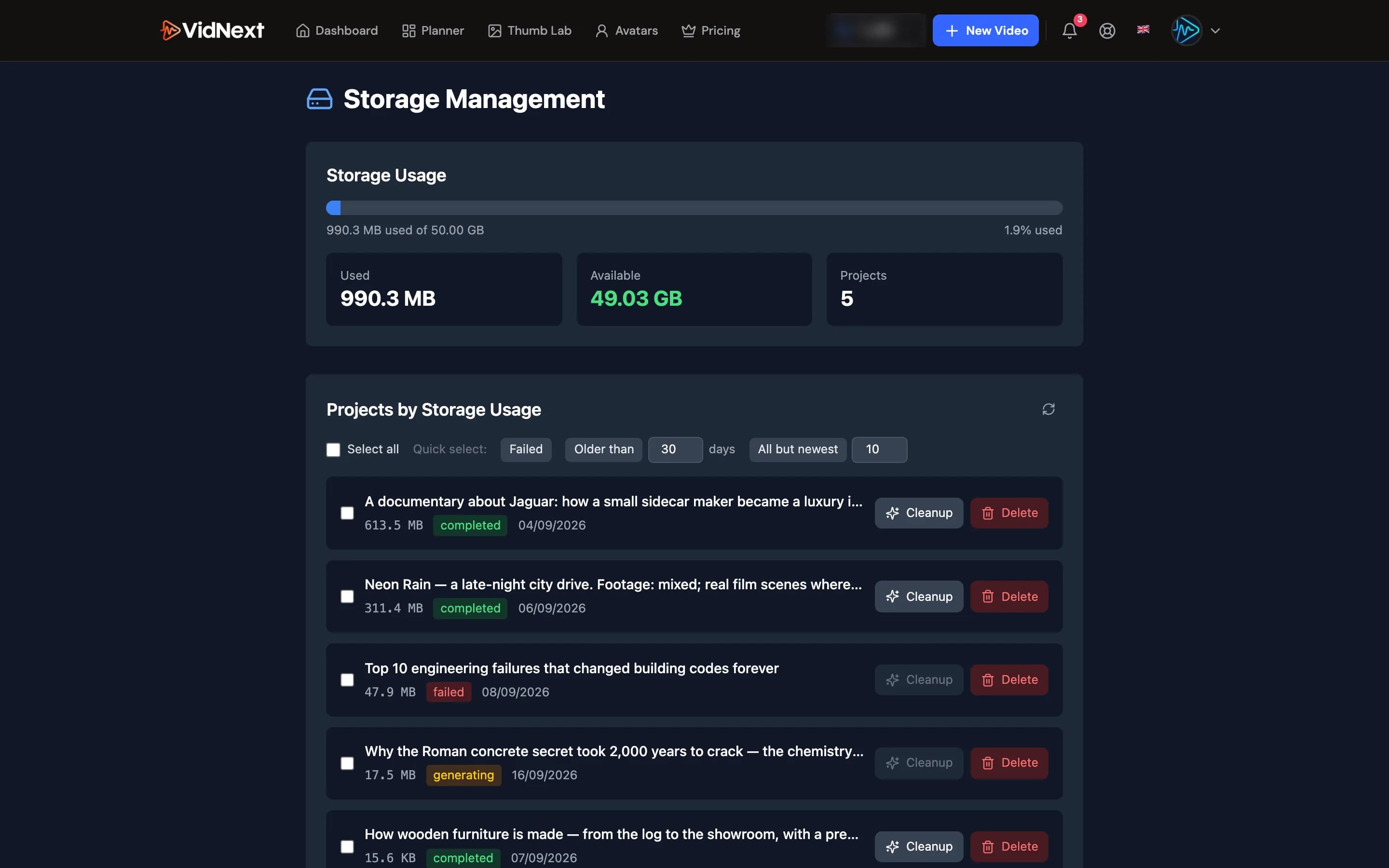 The Storage page: the usage bar and projects by storage usage