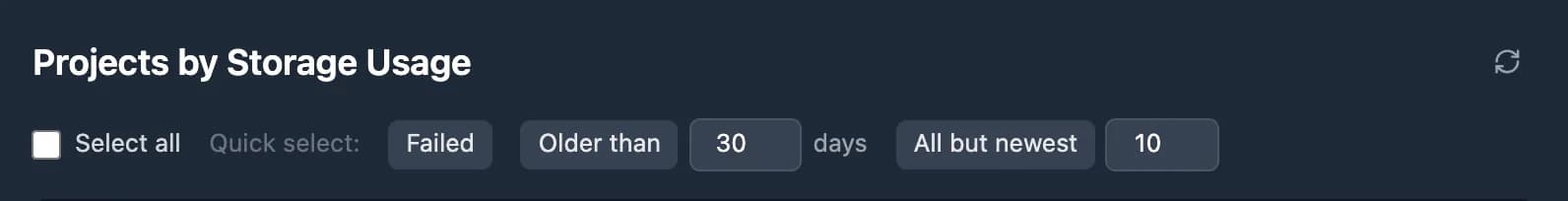 Quick picks above the project list: Select all, Failed, Older than N days, All but newest N