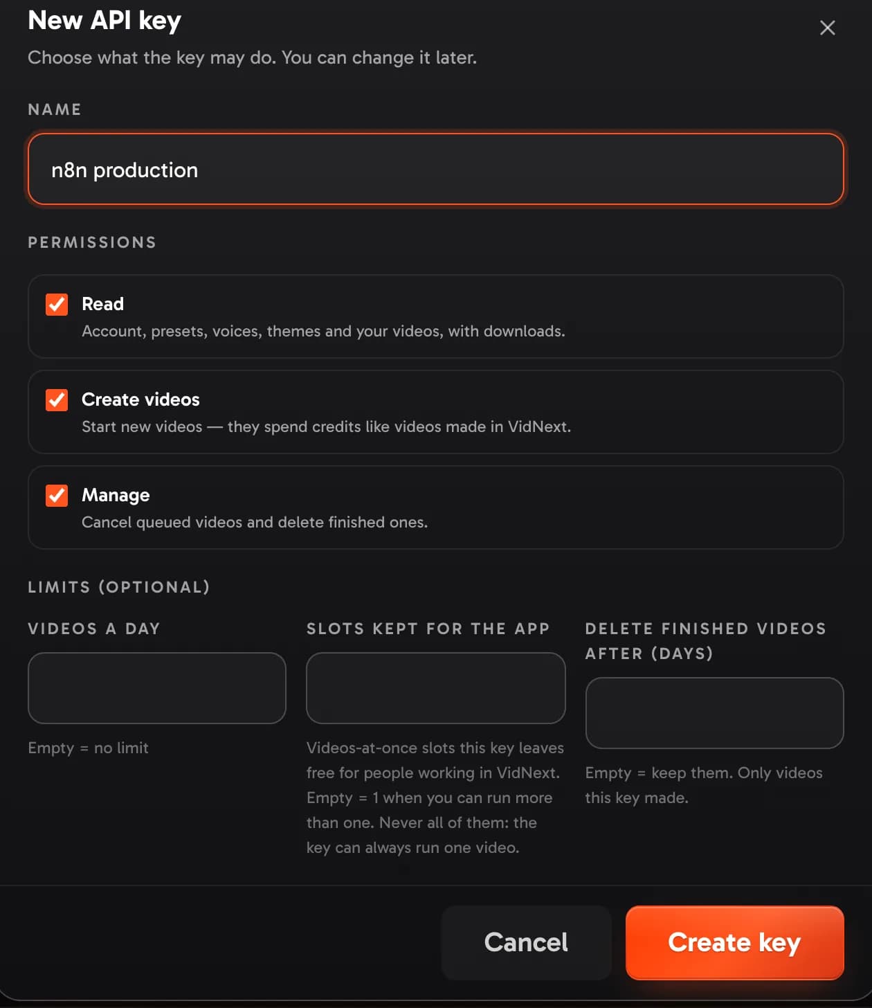 The New key window: a name, the permissions, and optional limits for this key