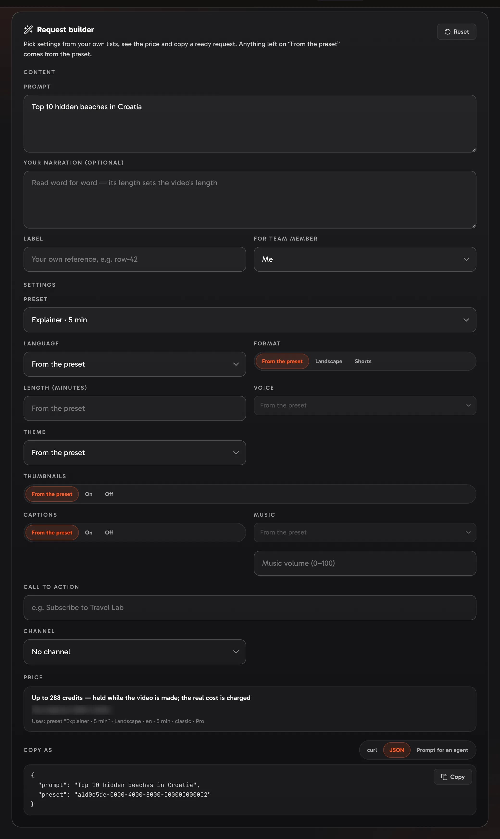 The request builder: settings picked from your own lists, the price of the request, and the request to copy