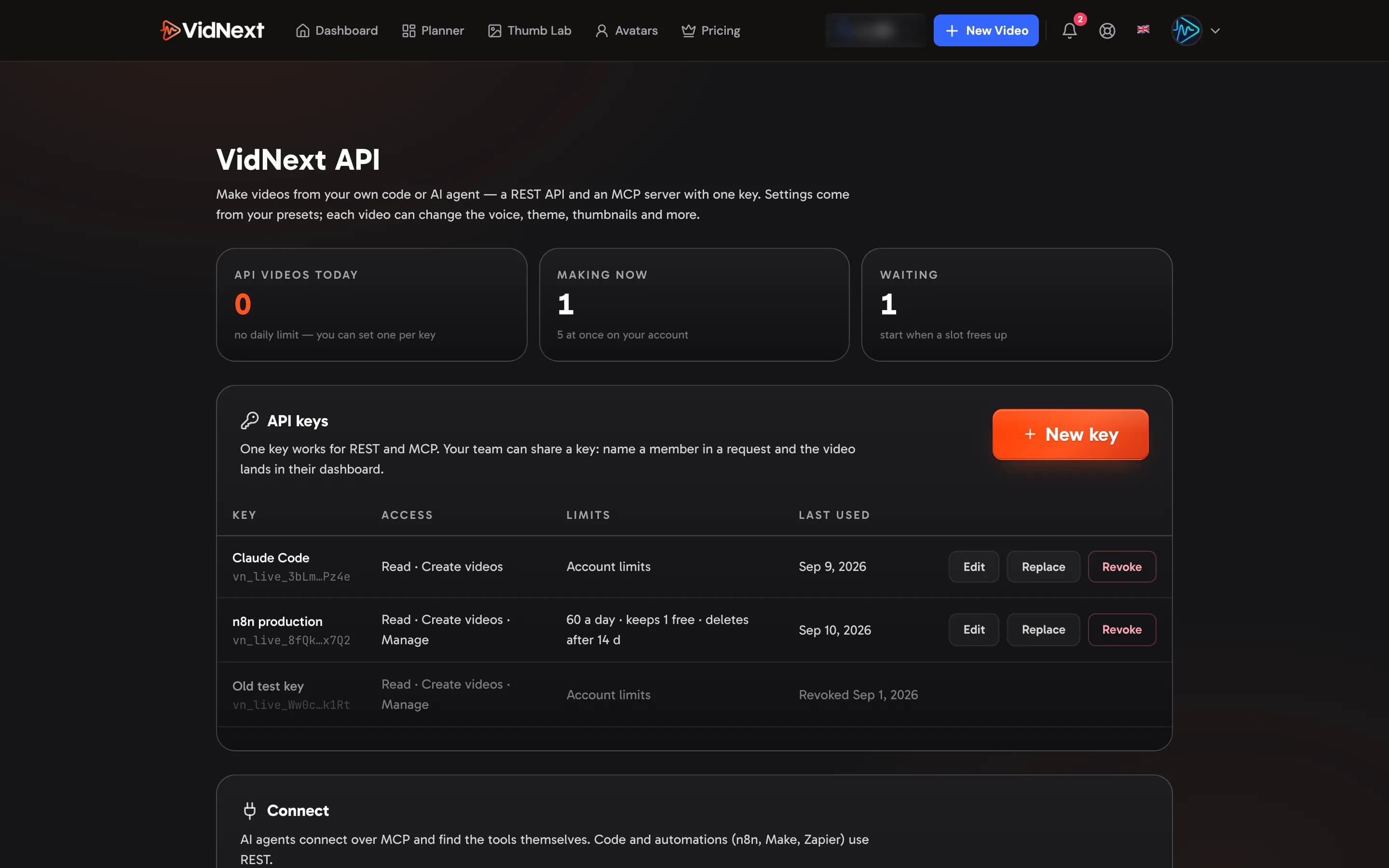 Settings → VidNext API: usage today, the API keys, and the cards for connecting, presets, the request builder and webhooks