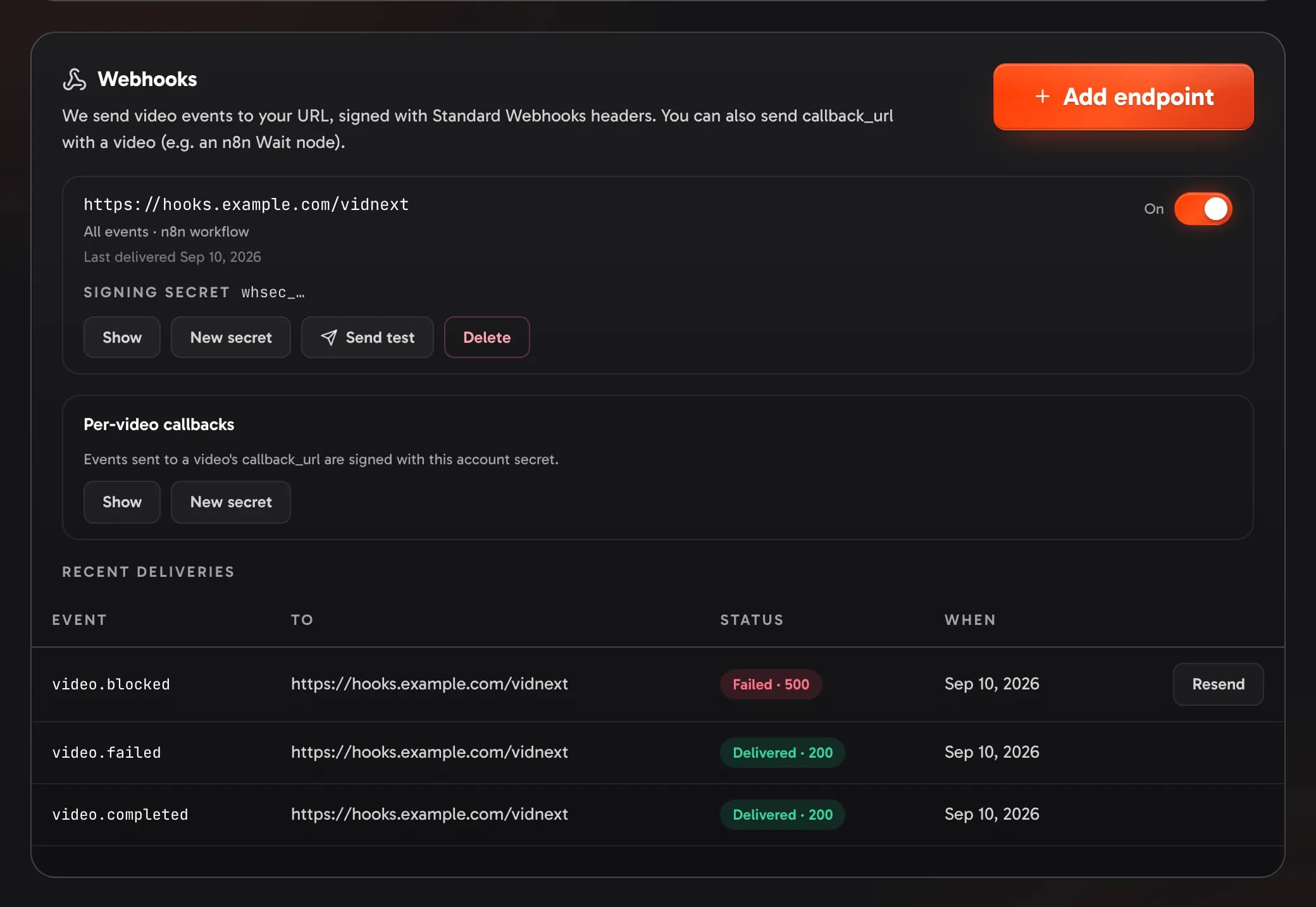 Webhooks: an endpoint with Send test, the per-video callback secret, and the recent deliveries
