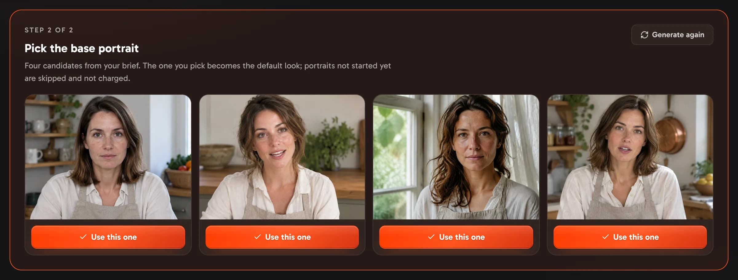 Four candidate portraits on a new avatar, each with Use this one