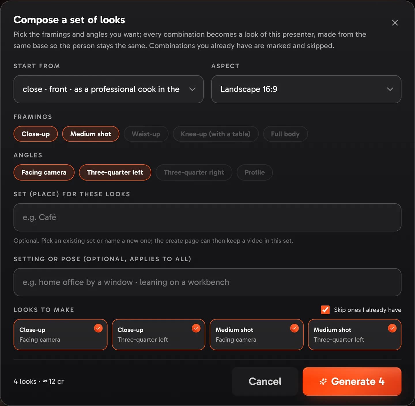 Compose a set: tick framings and angles, add a setting or pose, and every combination is made at once