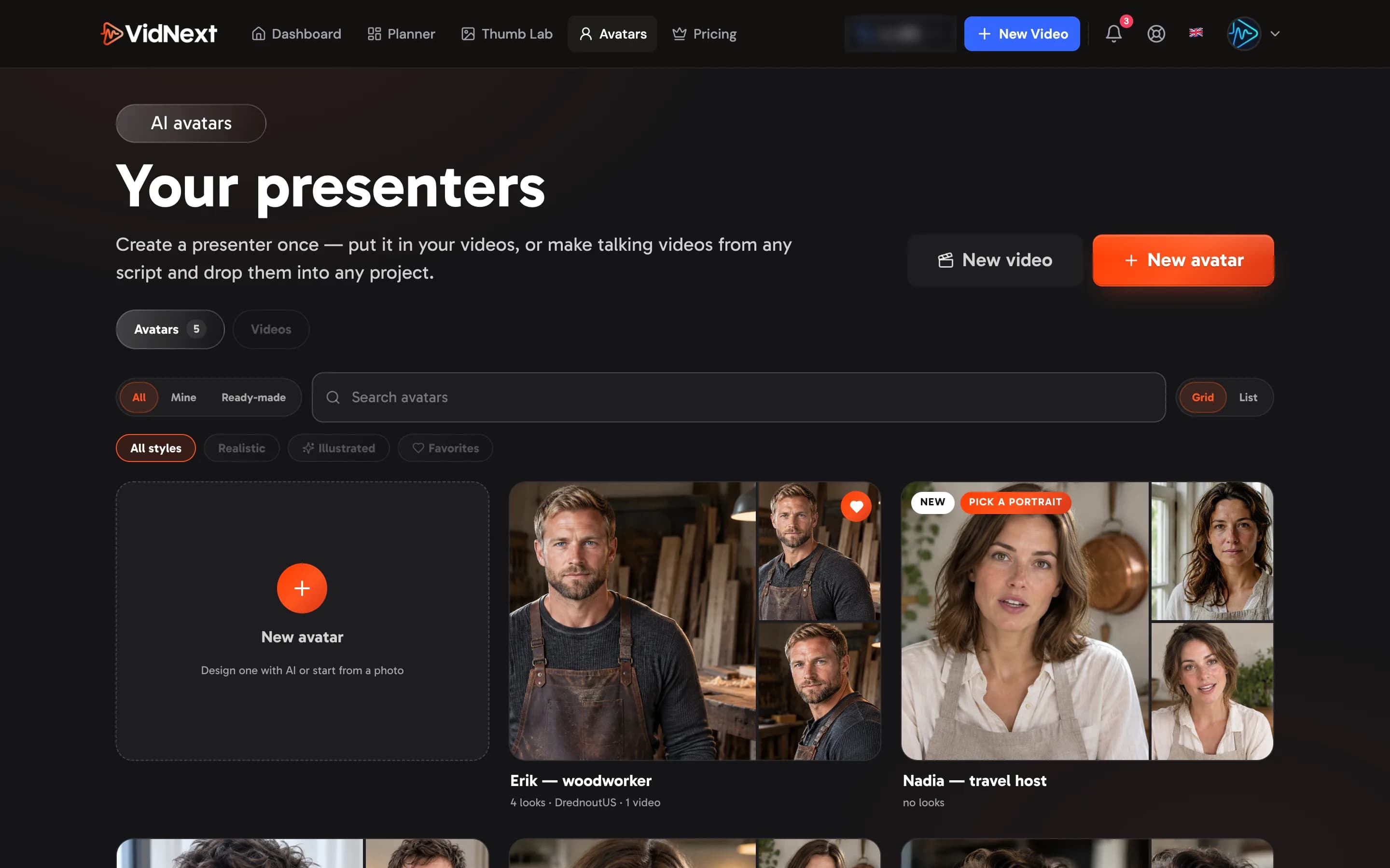 The Avatars page: the avatar grid — every card shows the main look big and two more beside it; Avatars · Videos tabs, search, filters and New avatar at the top