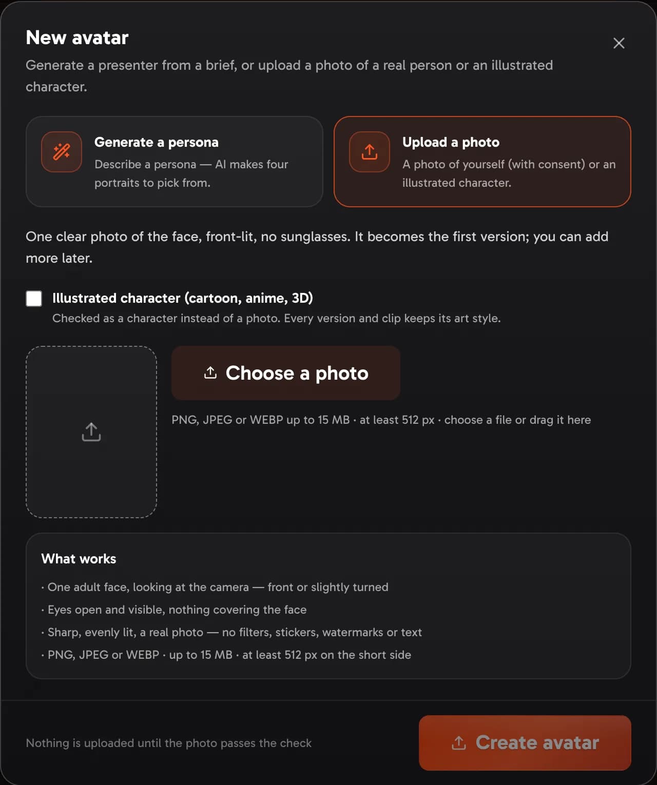 The Upload a photo tab: the photo tile, the photo check card listing what passes, and the likeness attestation