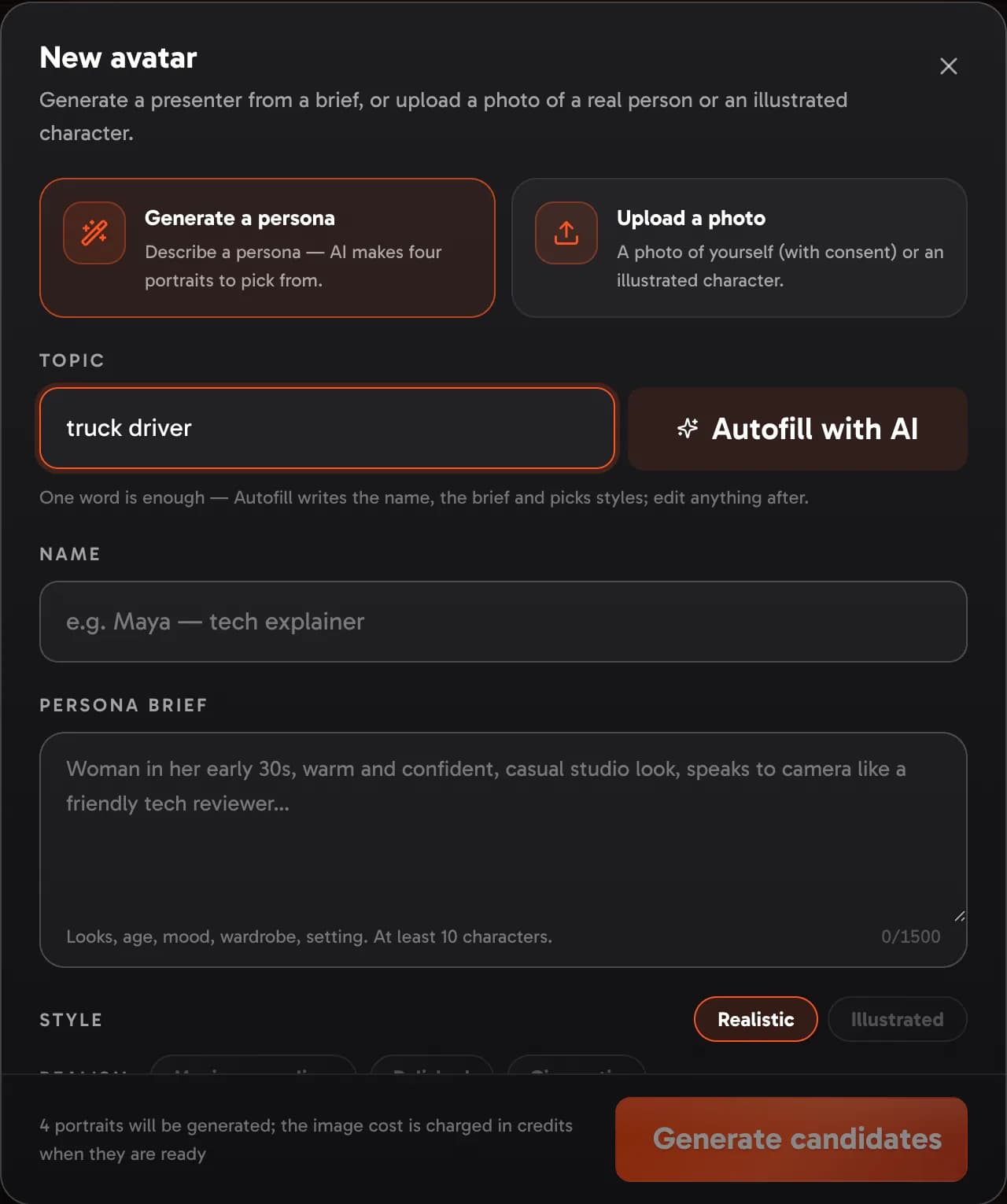 The New avatar window: the two ways to start (Generate a persona is chosen), topic with Autofill, name, brief, style chips and Generate candidates