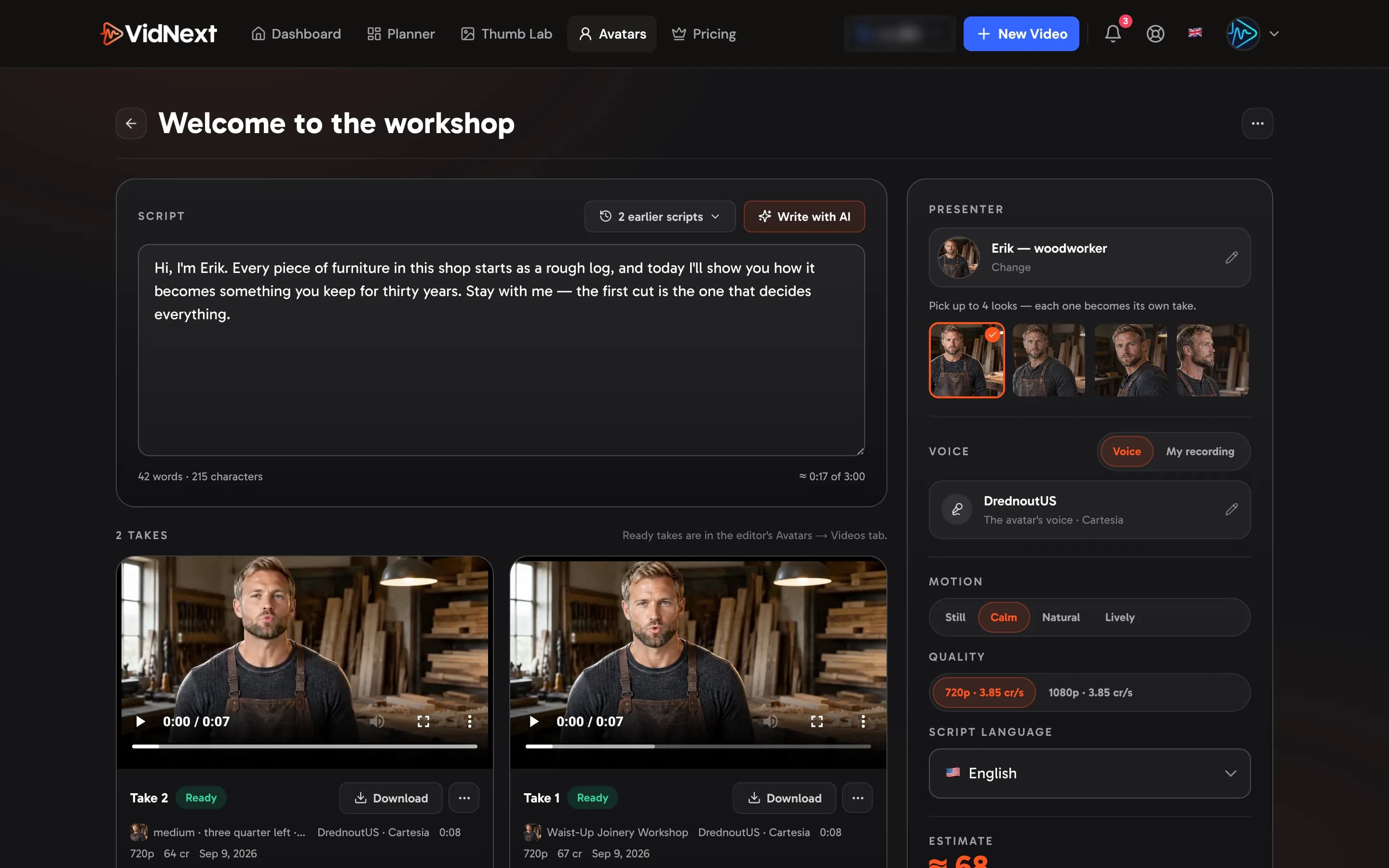 An avatar video: the script with Write with AI on the left, the presenter, looks, voice, motion, quality, language, the estimate and Generate on the right, and the takes under the script